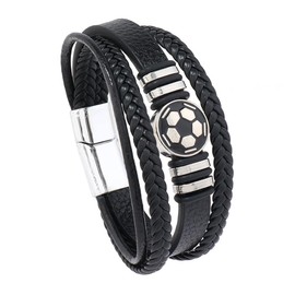 QKEPCY Braided Leather Bracelet Football Emblem Multilayer Bracelet Magnetic Closure Sports Jewellery Unisex Wrist Accessory, 21 cm, cerebral cortex