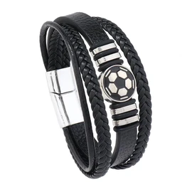 QKEPCY Braided Leather Bracelet Football Emblem Multilayer Bracelet Magnetic Closure Sports Jewellery Unisex Wrist Accessory, 21 cm, cerebral cortex