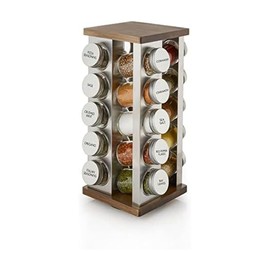 Kamenstein 20 Jar Vintage Revolving Countertop Spice Rack Organizer with Spices Included, FREE Spice Refills for 5 Years, Wood and Stainless Steel with Metal Caps