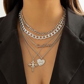 Chunky Gold Necklace Stack Layered Gold Necklaces for Women Non Tarnish Silver Statement Necklace Paperclip Chain Necklace Set Layering Big Heart Coin Cross Necklace Chunky Jewelry (3 - silver with cross)