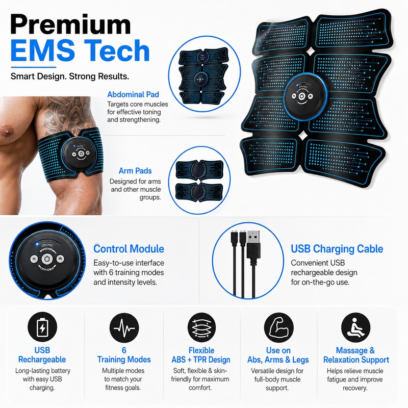 EMS Muscle Stimulator for Home Fitness – USB Rechargeable Ab
