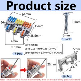 CESFONJER 3-in-12-out Lever Terminal Block Kit, Triple Input to Twelve Output Splicing Connectors, DIN Rail/Screw Mount, for 28-12AWG Conductors, Includes 8 Kits