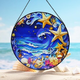 ZZHAOYI 9.8'' Shell Starfish Stained Glass Window Hanging, Wave Beach Suncatcher for Window, Ocean Themed Wall Decor for Bathroom Kitchen, Sea Glass Sun Catcher Gift for Son, Daughter