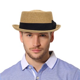 Pork-Pie-Hat-for-Men-Women Straw-Boater-Hat - Classic Boater Derby Sun Hats with Grosgrain Band