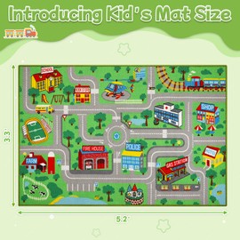 Ythropon Kids Rug Car Play Mat 5.2'x3.3',Green Kids Rug for Toy Cars,Non-Slip Town City Map Carpet Play Mat,Traffic Road Kid Educational Learning Car Rugs for Children Room Playroom Nursery