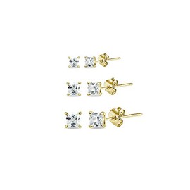 3 Pair Set Yellow Gold Flashed Sterling Silver Cubic Zirconia Princess-Cut Square Stud Earrings, 2mm 3mm 4mm