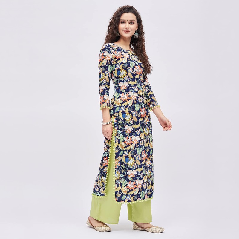 Tissu - Kurta con estampado de rayón azul y verde