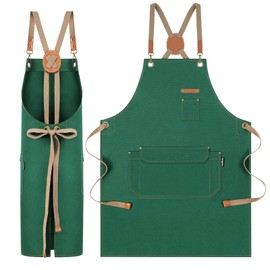 Chef Apron for Men Women with Pockets, Cross Back Apron for Kitchen Cooking Baking Artist Painting, Cotton Canvas Work Aprons for Shop, Garden, Restaurant, Bartender, Barista (M to XXL, Green)