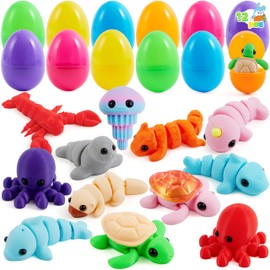 JOYIN 12Pcs Prefilled Easter Eggs with Mini Sea Animals, Articulated Toys, 3D Printed Toys, Basket Stuffers for Boys & Girls, Party Favors, Easter Egg Hunt, Classroom Supplies(Age 8+)