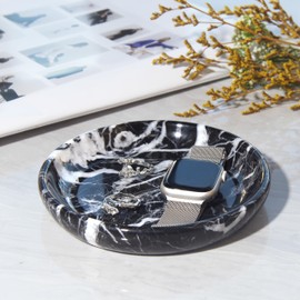 Small Natural Marble Jewelry Tray Key Plate Holder Dish Trinket Decor Catch All Bowl for Ring Earring Stone Gift for Women Daugther,Black