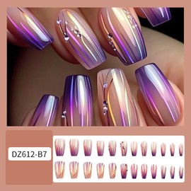 LOPMNGHT Purple Gradient Press on Nails Medium Ballet Shaped Lines Design Rhinestones False Nail Full Cover Artificial Acrylic Stick on Nails Press Ons with Charm Glue on Nails for Women 24Pcs