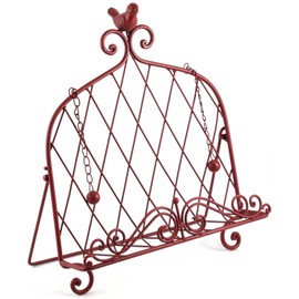 Iron Cookbook Stand ~ Book Holder Adorned with Bird ~ Worn Red Color