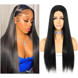 Sapphirewigs Black Long Straight Wig for Women, Lace Front Wigs with Middle Part, Japanese Synthetic Wig, 150% Density, Heat-Resistant, 61 cm