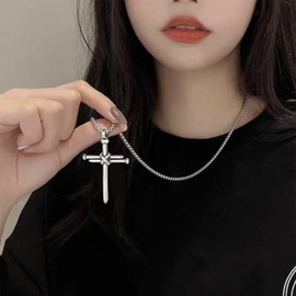 Dreuyet Nail Cross Necklace for Men Stainless Steel Vintage Polished Black Gold Silver Nail Cross Pendant Chain 24 inch Strength Bible Verse Cross Necklace Christian Jesus Jewelry Gifts (Silver)