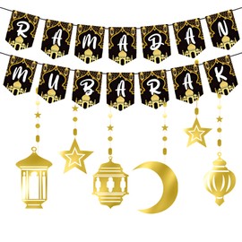 HFMYGS Ramadan Decoration, Ramadan Mubarak Banner Star Moon Lantern Garland Eid Mubarak Decoration Set, Ramadan Kareem Decoration for Muslim Islamic Party Ramazan Decor