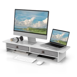 Fenge Dual Monitor Stand, 2 Tiers Monitor Riser for Desk, 35 Inch Computer Stand with 2 Drawer, Desk Shelf for Home, Office, Laptop, PC, TV, Printer