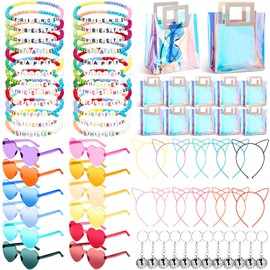 Geiserailie 72 Pcs Friendship Party Favors, 24 Friendship Bracelets Bulk, 12 Colorful Heart Sunglasses, 12 Cat Ears Headbands, 12 Disco Ball Keychains, 12 Small Holographic Gift Bags for Fans Party