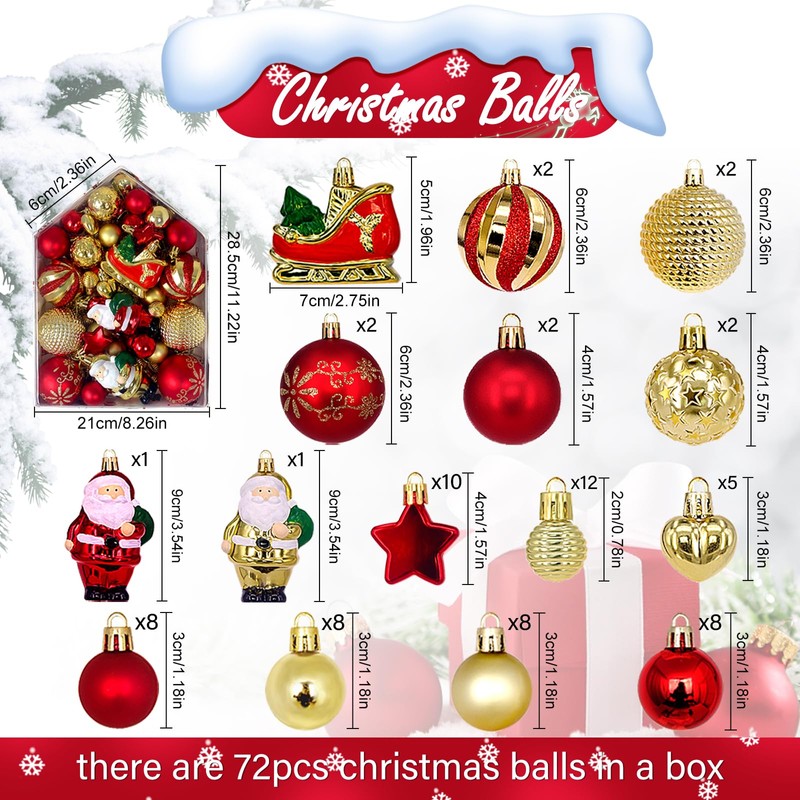 HidWee Pack of 72 Christmas Baubles Plastic Set Red Gold