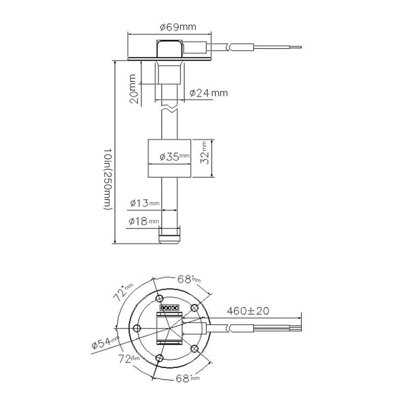 240 to 33ohms Fuel Sending Unit 10in IP67 Waterproof Universal