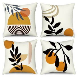 Hnmdmyi Boho Cushion Covers 45 x 45 cm Set of 4, Abstract Leaf Plant Sun Rainbow Decorative Throw Pillow Covers Geometric Minimalist Modern Art Aesthetic Linen Pillowcases for Sofa Couch Home Decor