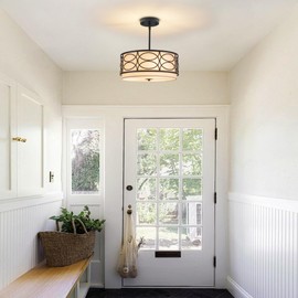 Drum Chandeliers for Dining Room,Fabric Round Dining Room Light Fixture Linen Semi Flush Mount Ceiling Light Farmhouse Chandelier 4-Light Modern Chandelier for Bedroom Hallway Foyer Black Metal Finish