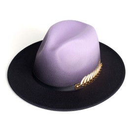 Gossifan Women Gradient Color Fedora Wide Brim Felt Panama Hat with Belt Buckle Purple/Black