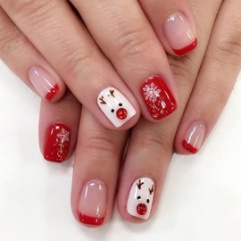 Christmas Press on Nails Short Square Design Fake Nails with Nail Glue Acrylic Artificial False Nails Cute Snow Elk Full Cover Stick on Nails for Women Girls Kids Manicure Tips 24Pcs（Red White）