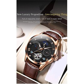 TIME WARRIOR Automatic Men's Watches Luxury Chronograph Top Grain Genuine Leather Band, Japanese Automatic Movement (Gold)