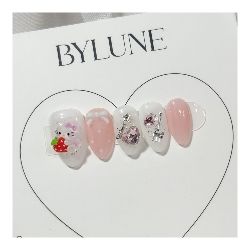 Dessert Strawberry Homemade Nail Tips Pink Kitty Nail Tips -
