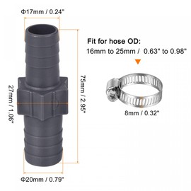 sourcing map Barb Hose Fitting 20mm to 17mm Straight Coupler Quick Connector Adapter with 16-25mm Adjustable Clamps for Water Fuel Air Oil Gas, 1 Set