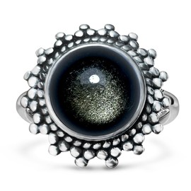 HAIXIAN Round Natural Black Obsidian Stone Ring for Women,Retro Antique Vintage S925 Sterling Silver Real Genuine Crystal Quartz Gemstone Boho Bohemian Ring Jewelry (A_Obsidian, 6)