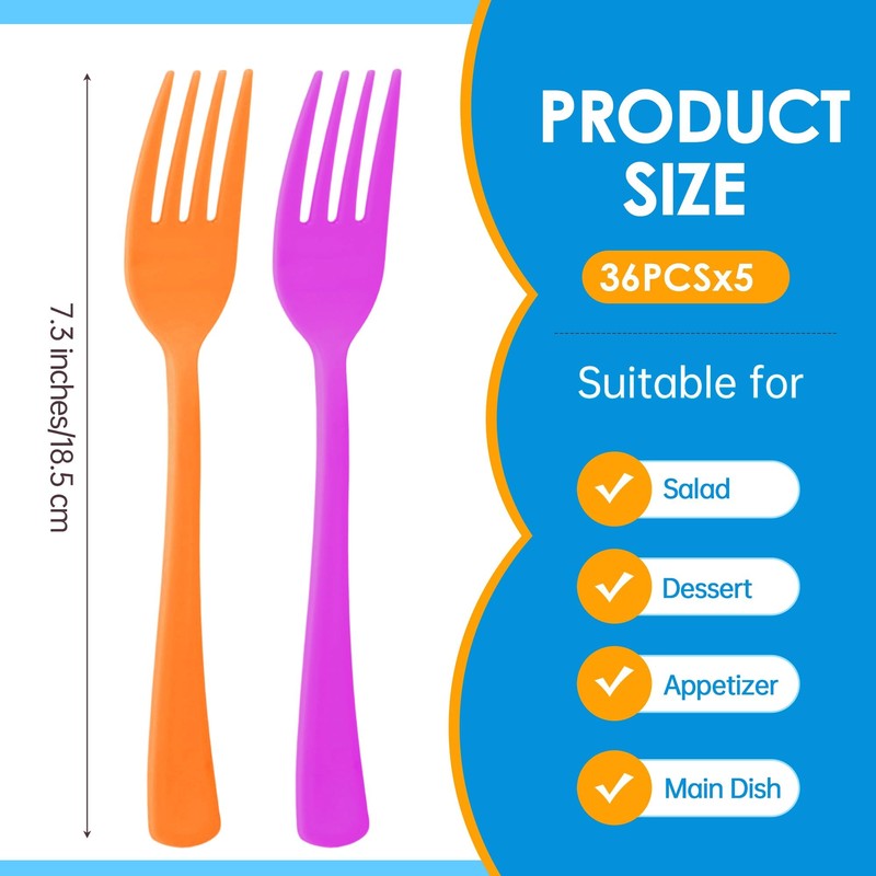 Kochorie 180 Pcs Bright Rainbow Plastic Forks Disposable Silverware Heavy
