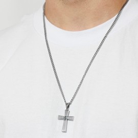 Men's Blue Diamond Stainless Steel Flared Cross Pendant on 24" Twisted Curb Chain Necklace