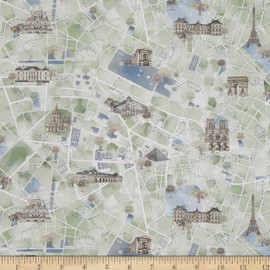 Liberty Fabrics Tana Lawn Rue De Paris Green/Multi, Fabric by The Yard