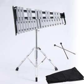 ATQIK 32 Note Aluminum Glockenspiel Bell Kit Xylophone Adult With Adjustable Stand Full Size Professional Percussion Glockenspiel Instrument With Wooden Mallets,Carrying Bag For Adults/Green