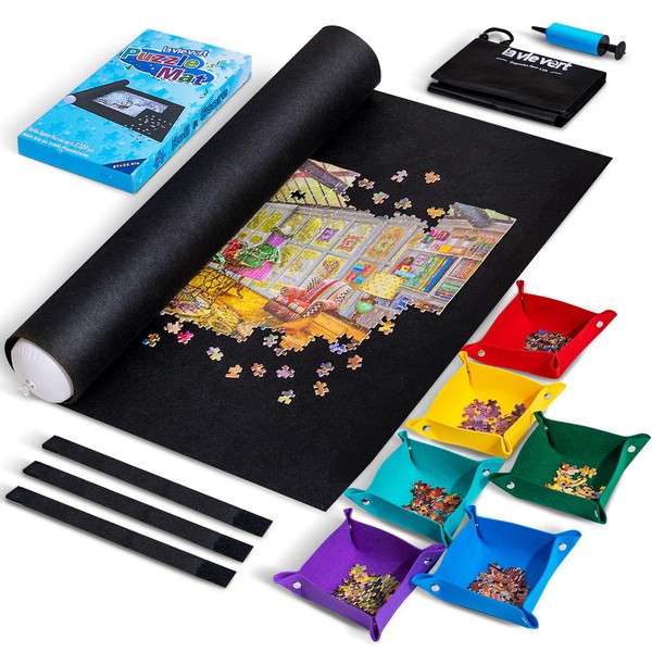 Lavievert Jigsaw Puzzle Mat Roll Up with 6 Color Sorting Trays, Store and Transport Puzzles Up to 2000 Pieces, Portable Puzzle Board Saver Keeper with Storage Bag & Hand Pump for Adults