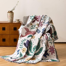 VANJOROY Boho Throw Blanket, 100% Handwoven Cotton Southwestern Farmhouse Floral Decor Reversible Blanket, All Season Throw for Couch Chair Sofa Bed Tapestry Outdoor Camping Picnic. 51″×71″