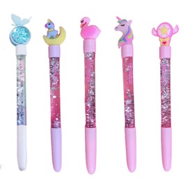 FEIFEI'S BOW 5 PCS Kids Girls Unicorn Ink Pen Rollerball Glitter Quicksand Drying Extra Fine Ballpoint Premium 0.5mm for Office School Stationery with Party bag fillers （(B) Random colours）