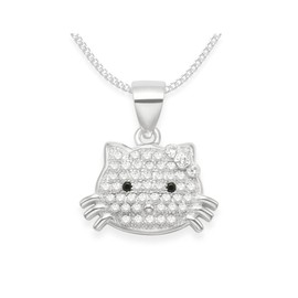 Heather Needham Sterling Silver Multi stone Cubic Zirconia Cat face Pendant and 16"/41cm chain - Size:15mm x 10mm. Gift boxed 8257/16