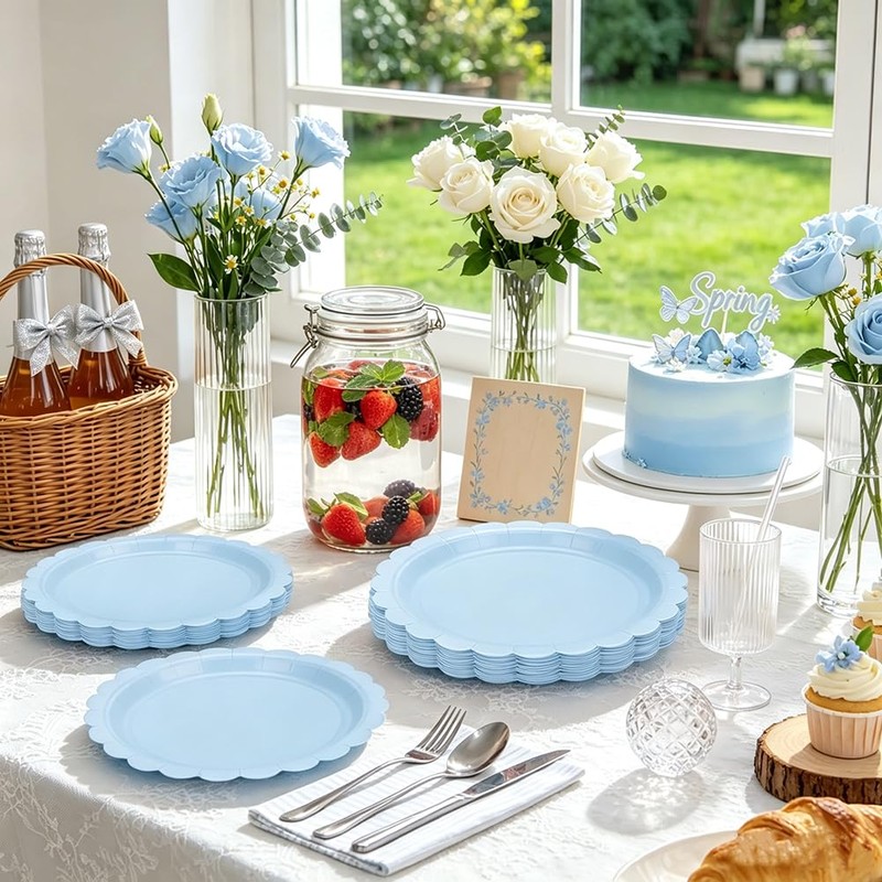 30 Pack Blue Scalloped 9 Inch Paper Plates, Disposable Flower