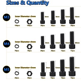 M3 M4 M5 Metric Grade 8.8 Carbon Steel Hex Screw, Nut & Spring Washer Assortment Kit – 630‑Piece in Organized Case