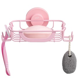TAILI Soap Bar Holder Dish with Hooks, Shower Soap Tray Saver Suction Cup with Razor Holder for Wall, Rustproof Stainless Steel Bath Shampoo Caddy for Bathroom Accessories Organizer,Pink