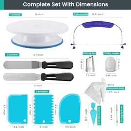 RFAQK Kit de suministros para decoración de tartas con plato giratorio antideslizante para tartas, nivelador de tartas, 24 puntas de glaseado numeradas con tabla de patrones y libro electrónico, espátula recta y en ángulo, 30 bolsas de glaseado, juego de