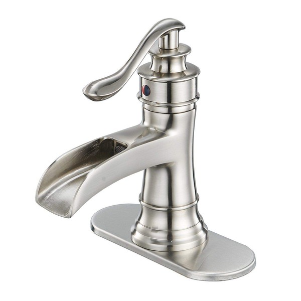 BWE Bathroom Faucet Brushed Nickel Waterfall Single Handle Hole Sink Faucets Bath Vanity Lavatory Vessel Commercial Satin with Water Supply Hose