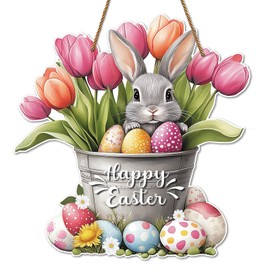 Hoblynth Happy Easter Door Decoration Bunny Floral Bucket Hanging Sign for Decor for Front Door 11.4 Easter door wreath for Home Decor Spring Rabbit Wall Hanger for Porch Outdoor Indoor