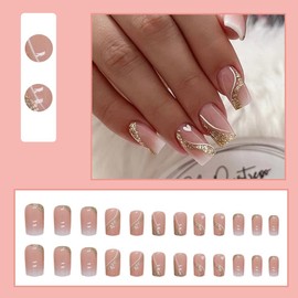 24 Pcs Press on Nails Short Square - MINGCHUN Winter Ombre Fake Nails Press ons Arcylic Full Cover False Nails with Loving Heart Design Gold Glitter French Glue on Nails Nail Art Tip for Women Girls