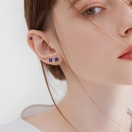 3 Pairs Sterling Silver Stud Earrings for Women Girls, Small Simulated Diamond Earring Sapphire Cubic Zirconia Flower Stud Earrings Hypoallergenic Sleeper Earrings Set for Multiple Pirercing, 3/4/5 mm