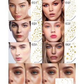 8 Pcs Glitter Freckles Face Tattoo, Gold Waterproof Long Wear Face and Body Glitter Tattoo for Women, Sparkle Fake freckles Patches Temporary Tattoos Stickers Festival Rave Makeup Accessories, Set C