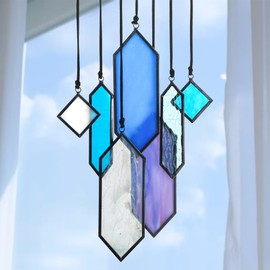 HDCRYSTALGIFTS Stained Glass Window Hanging Suncatchers - 7 Pieces Handcrafted Element Earth Tones Set,Modern Blue Wall Art Sun Catchers Indoor Window Glass Decor Gifts for Mom,Grandma