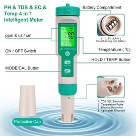 flintronic 4-in-1 PH Meter, PH/TDS/EC Temperature Tester with Backlight, 0-14 pH Measuring Range ± 0.1 pH Accuracy, PH Value Meter Pool Drinking Water Swimming Pool Aquarium Pools